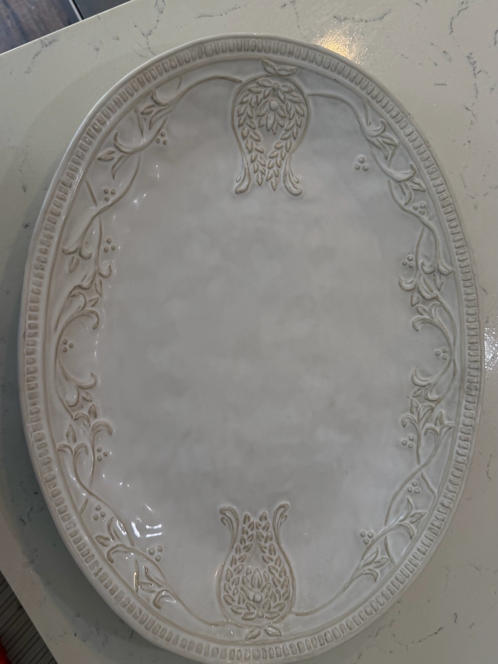 Pottery Barn Cream Ceramic Oval Serving Platter with Embossed Floral Motif